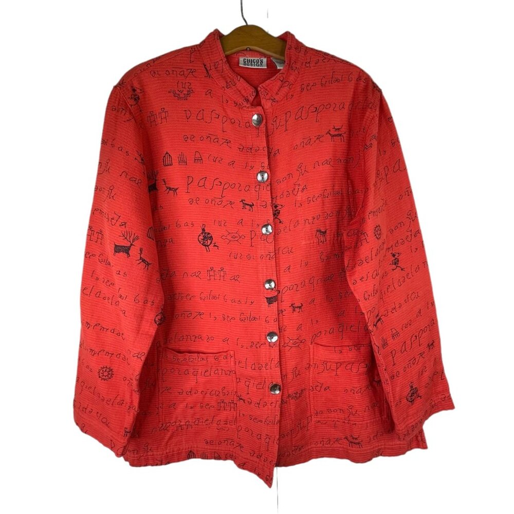 Chicos 90s Design Cardigan Jacket Button Front Hieroglyphics Tribal Tiki Women M